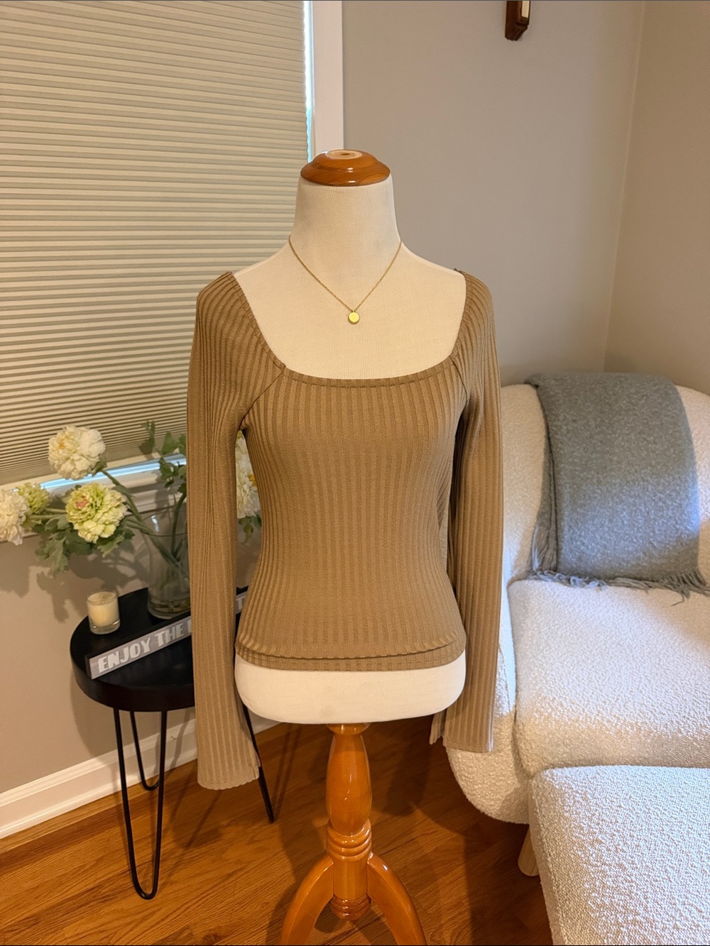 Madewell Ribbed Square-Neck Long-Sleeve Sweater - Camel
